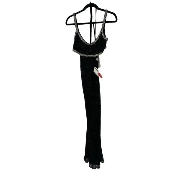 Mac Duggal Beaded Open Back Cut- Out Back Slit Gown Prom Dress Black Size 6 NWT